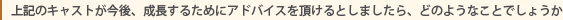 上記のキャストが今後、成長するためにアドバイスを頂けるとしましたら、どのようなことでしょうか?